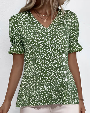 V-neck floral short-sleeved blouse