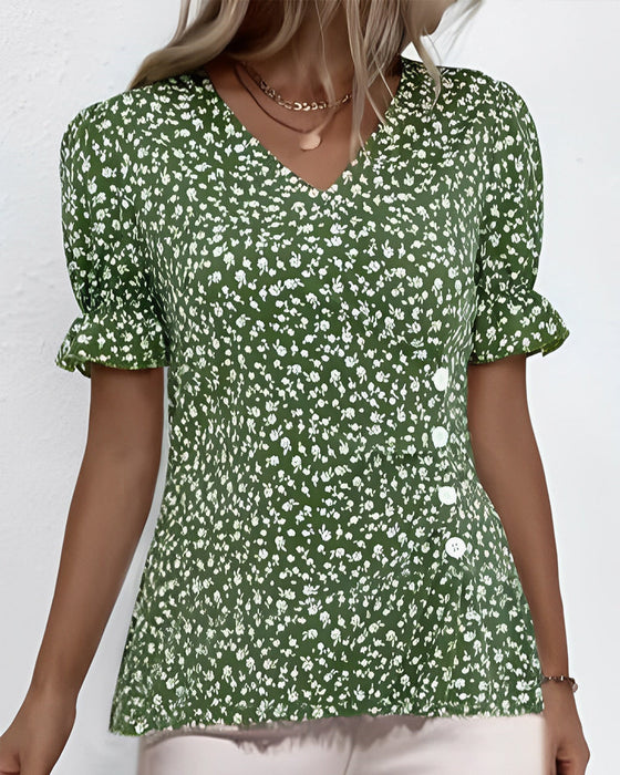V-neck floral short-sleeved blouse