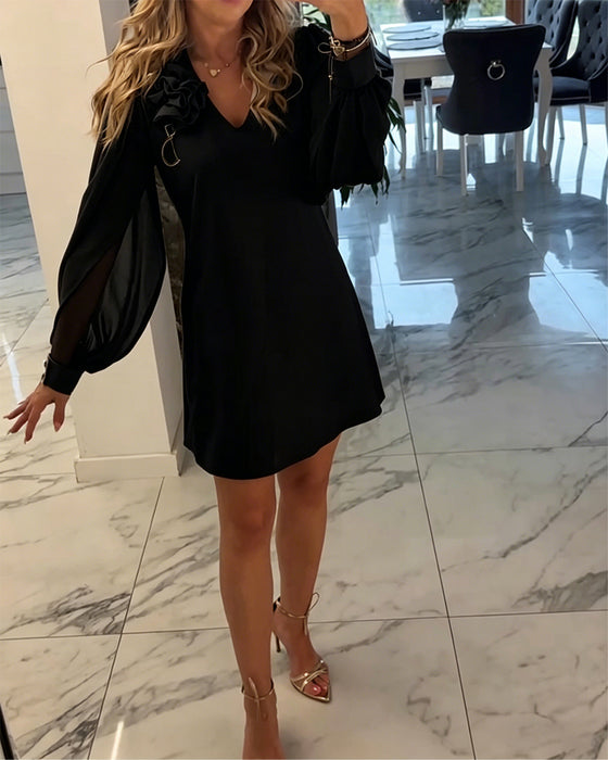 Three-Dimensional Flower V-Neck Lantern Sleeve Dress