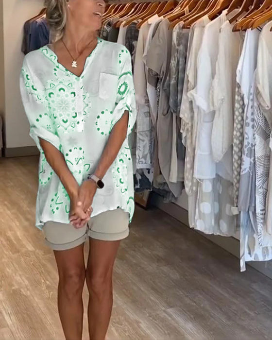 Versatile V-Neck Printed Half Sleeves Blouse