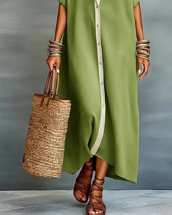 Elegant Lapel-Collar Draped Shirt Dress