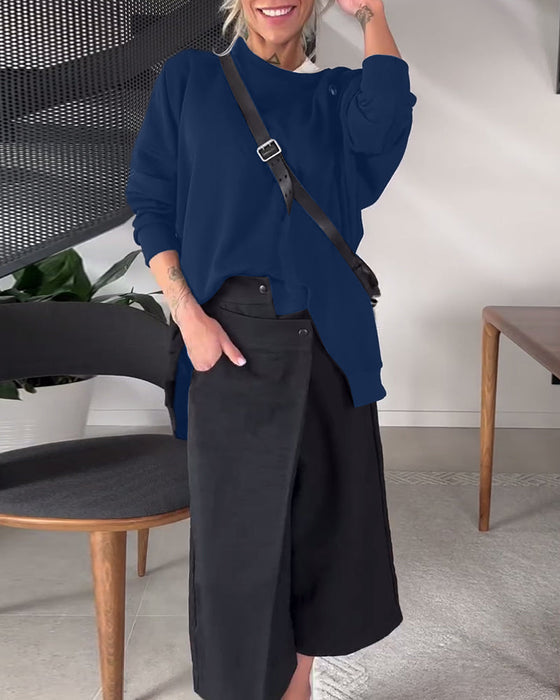 Solid color casual round neck slit sweatshirt