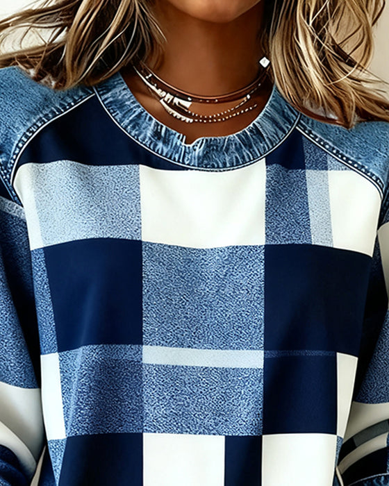 Plaid Patchwork Contrast Color Sweatshirt
