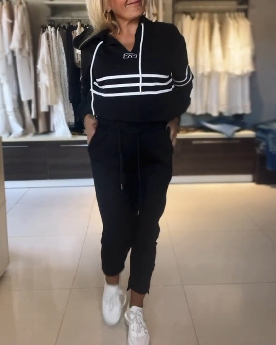 Casual striped print hooded sweatshirt set