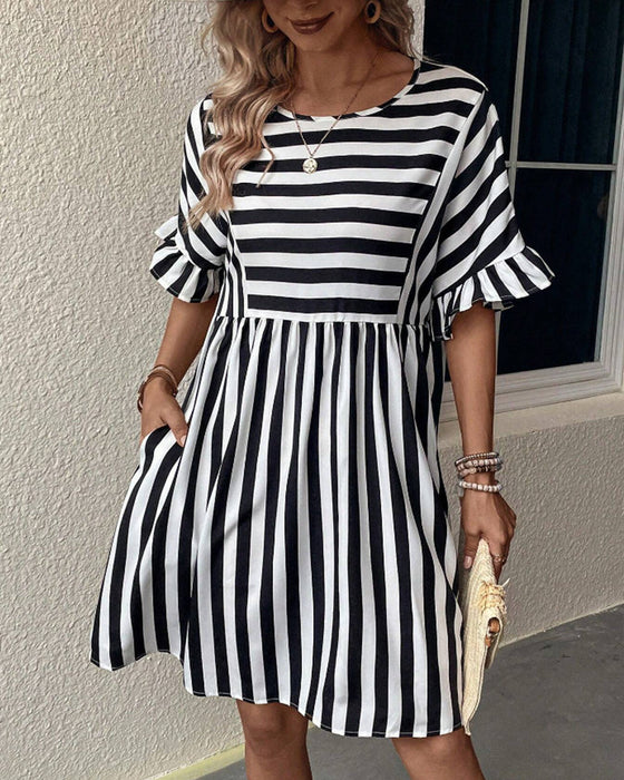 Round Neck Striped Print A-Line Dress