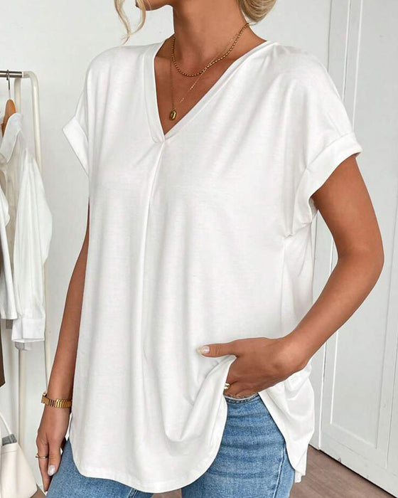Short-Sleeved Solid Color Patchwork T-Shirt