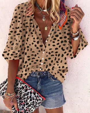 Leopard-print casual stand-collar shirt
