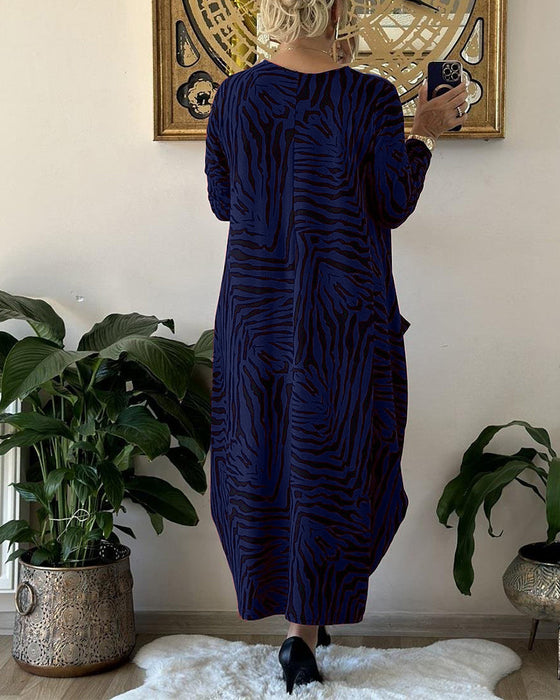 Fashion Loose Shift Dress with Print and Pocket