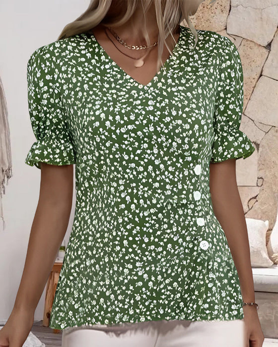V-neck floral short-sleeved blouse