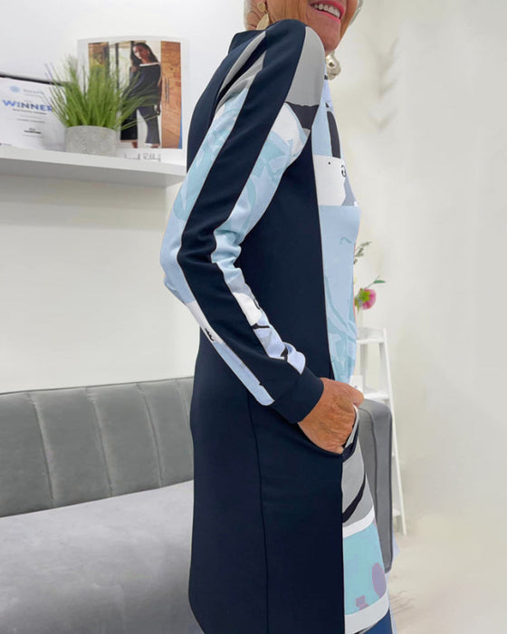 Zippered long sleeve pocket color block dress