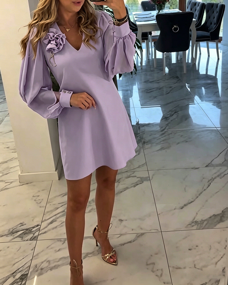 Three-Dimensional Flower V-Neck Lantern Sleeve Dress