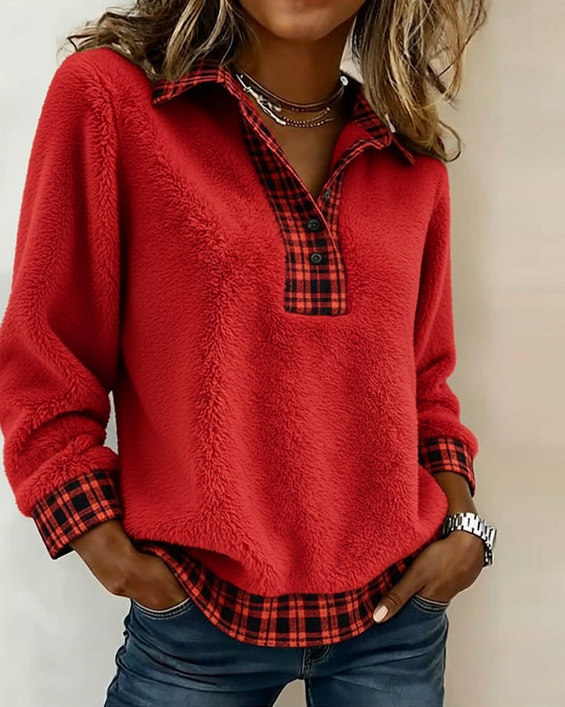 Plaid Collar Patchwork Solid Color Top