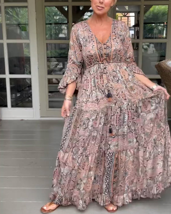 V-neck printed ruffled sleeve dress