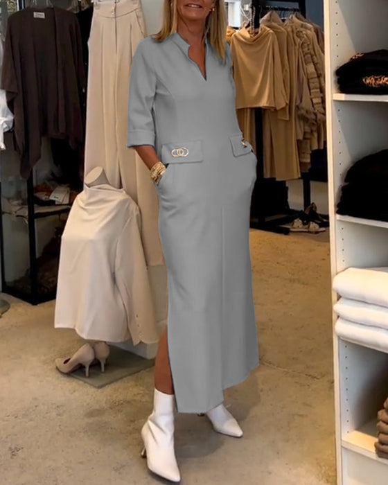 Solid color 3/4 sleeve slit dress