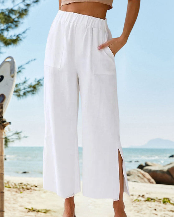 Pocket solid color casual slit pants