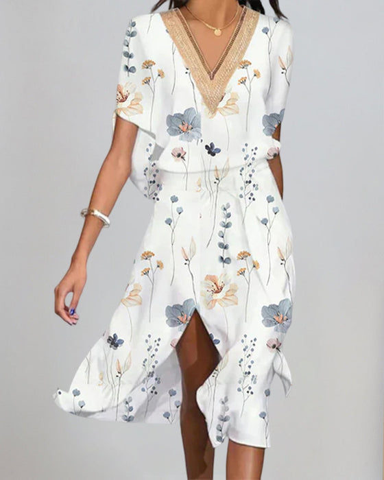 V-neck slit print dress