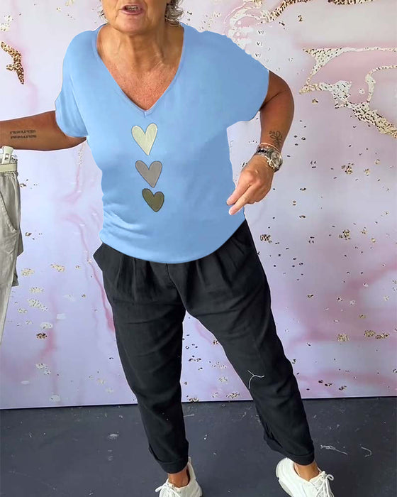 V-neck short-sleeved heart blouse
