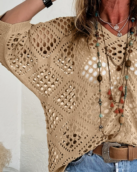 Diamond-Patterned Openwork Loose Top