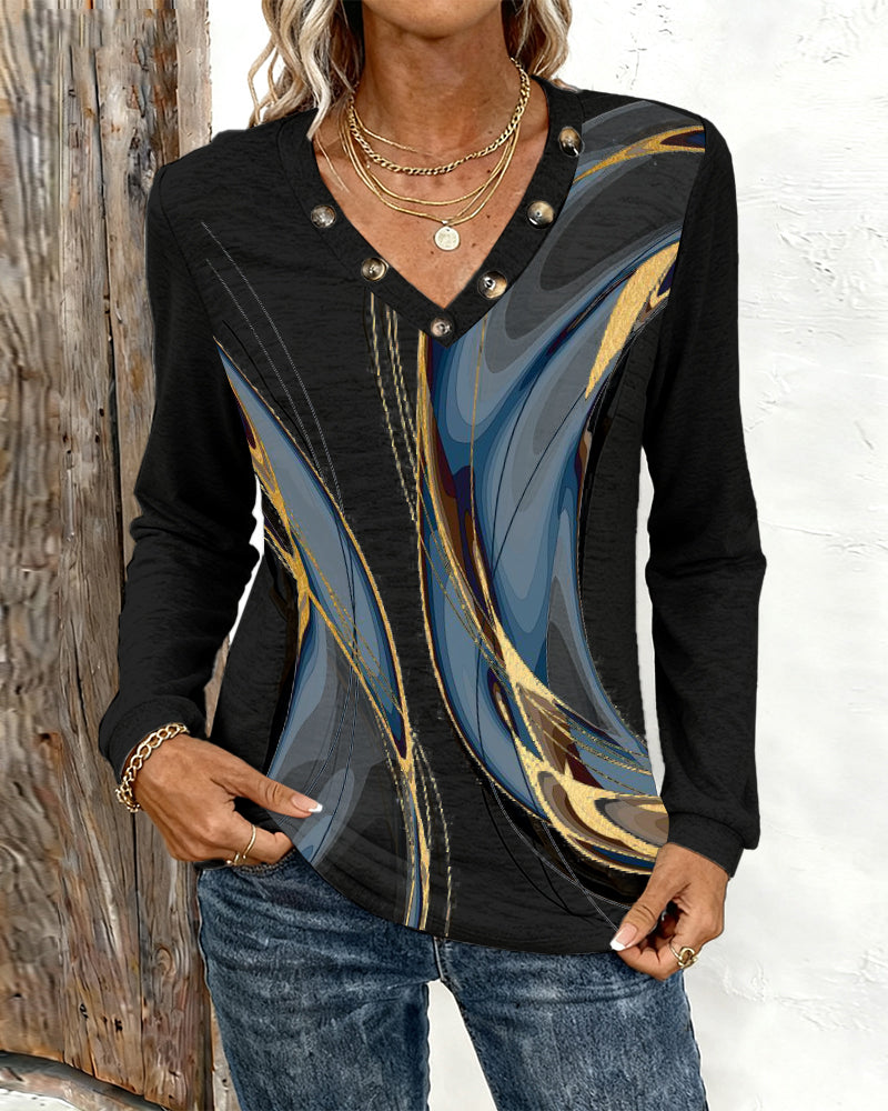 Printed V-Neck Long-Sleeved Casual Top