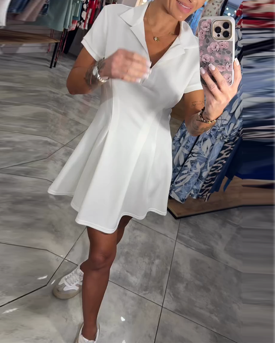 Lapel Short Sleeve Pleated A-Line Dress