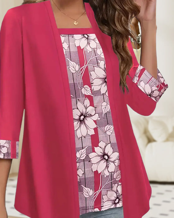 Printed Fake Two-Piece Long-Sleeved Top