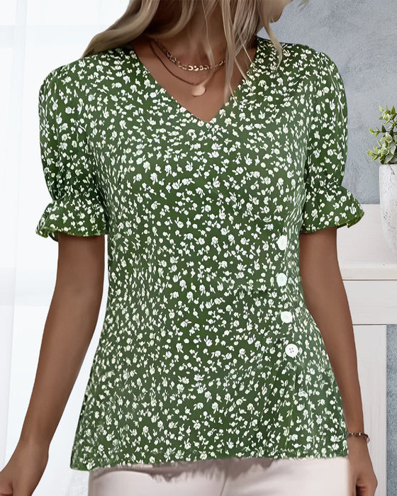 V-neck floral short-sleeved blouse