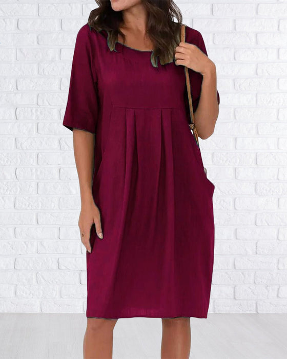 Round Neck Solid Color Dress with Pockets