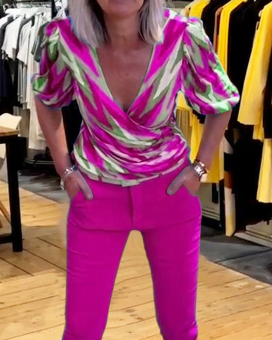 Printed casual deep V top