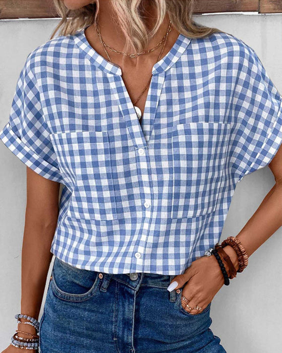 V-neck plaid print blouse