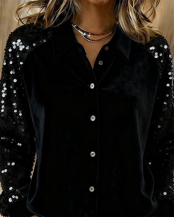 Lapel Sequined Long-Sleeved Shirt