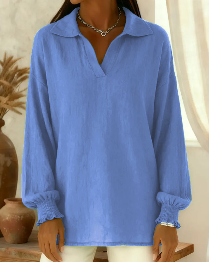 Cotton Lantern Sleeve Collared Solid Color Blouse