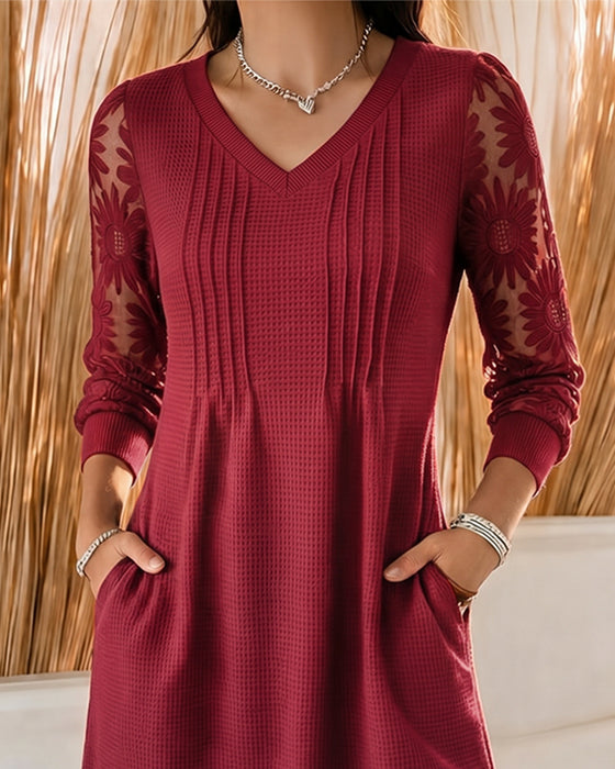 V-Neck Shirred Patchwork Dress