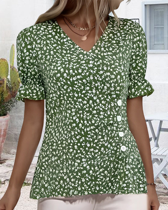 V-neck floral short-sleeved blouse