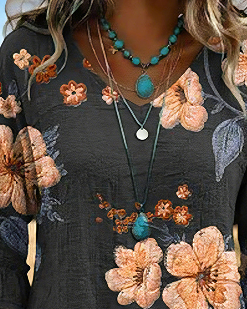 V-Neck Vintage Floral Loose Fit Blouse