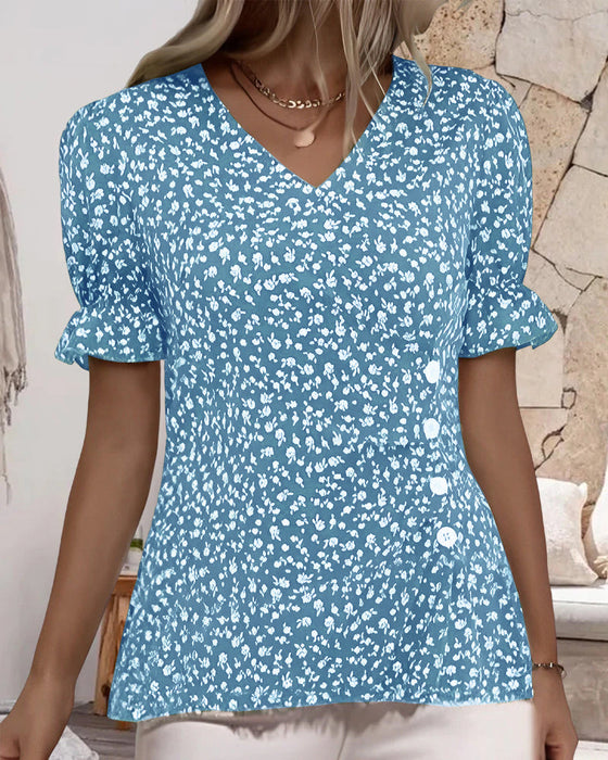 V-neck floral short-sleeved blouse