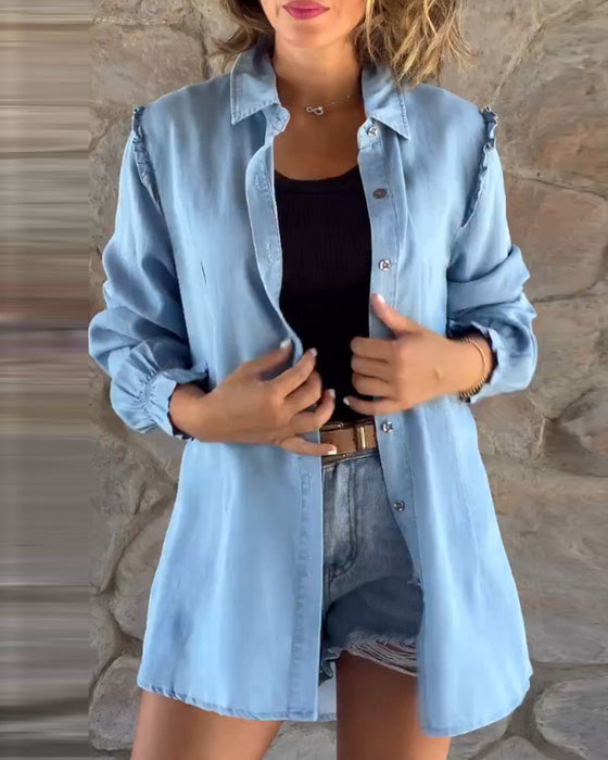 Solid Color Denim Long Sleeve Top