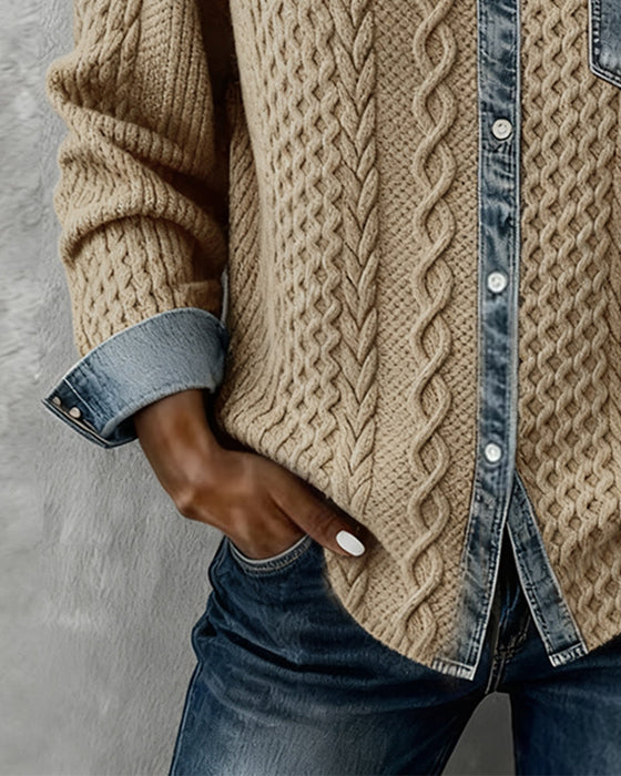 Long-Sleeved Denim Patchwork Shirt