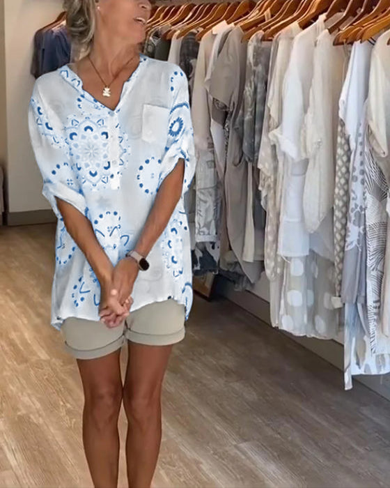 Versatile V-Neck Printed Half Sleeves Blouse