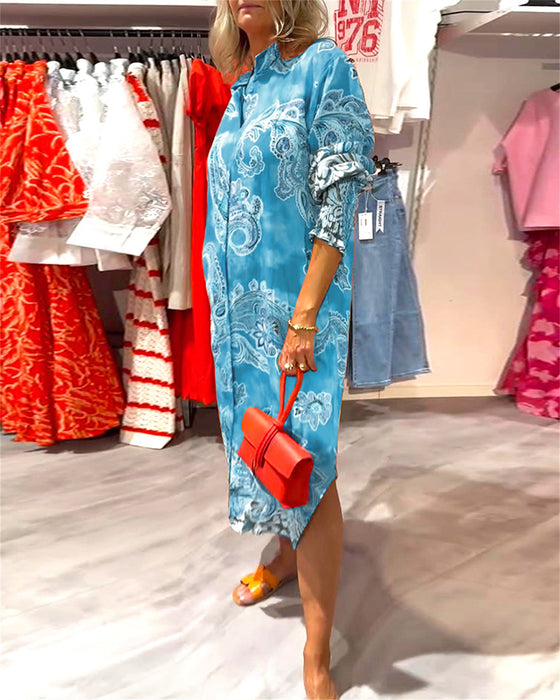 Stand Collar Long Sleeve Cashew Print Dress