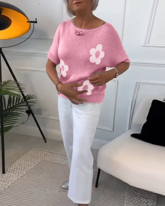 Round neck slim floral pullover sweater