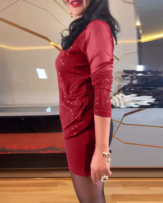 Sexy V-Neck Mesh And Solid Color Sequin Top