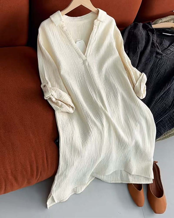 Lapel Solid Color Simple Long Sleeve Dress