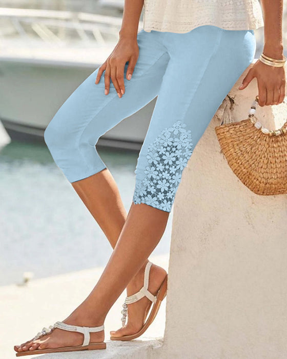Lace stitching solid color cropped pants