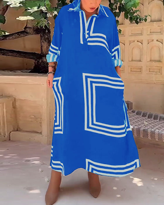Lapel rectangular printed casual dress