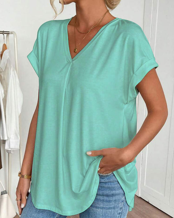 Short-Sleeved Solid Color Patchwork T-Shirt