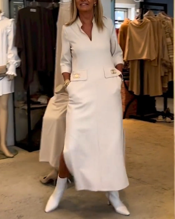 Solid color 3/4 sleeve slit dress