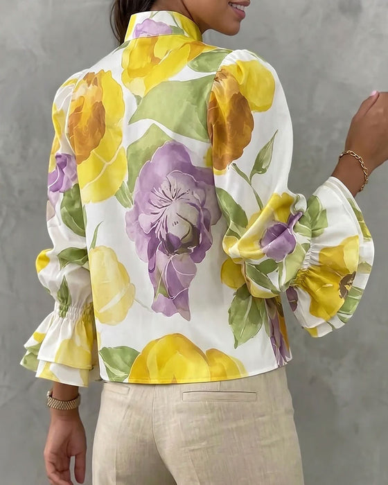 Watercolor Large Floral Long-Sleeve Stand-Collar Blouse