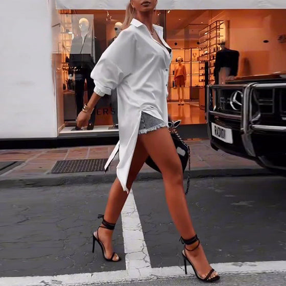 Solid color lapel slit casual shirt