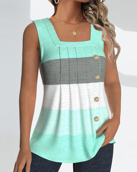Striped button pleated tank top