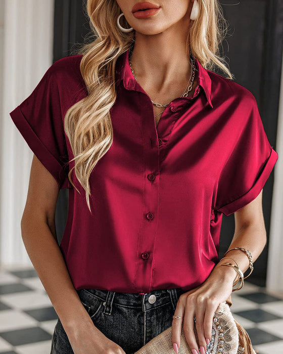 Short Sleeve Button Satin Blouse